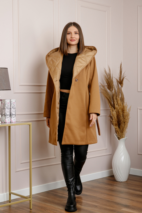 Palton dama elegant camel cu gluga captusita [4]