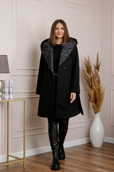 Palton dama elegant negru cu gluga captusita [4]