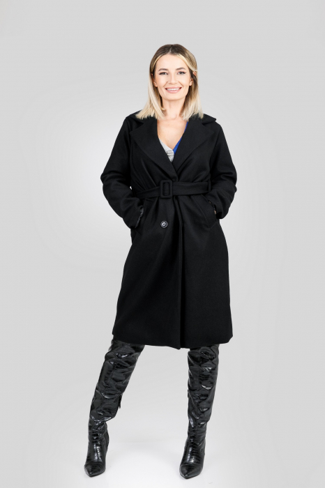 Palton elegant negru cu centura in talie [4]