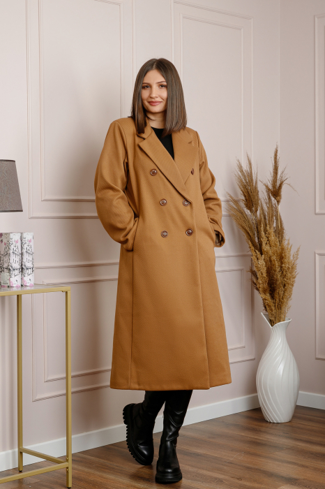 Palton lung dama elegant cu nasturi decorativi - Camel [3]