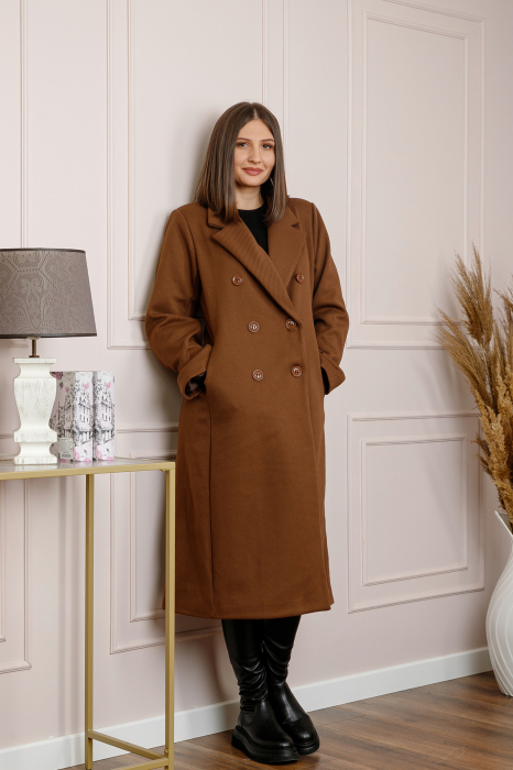 Palton lung dama elegant cu nasturi decorativi - Maro [3]