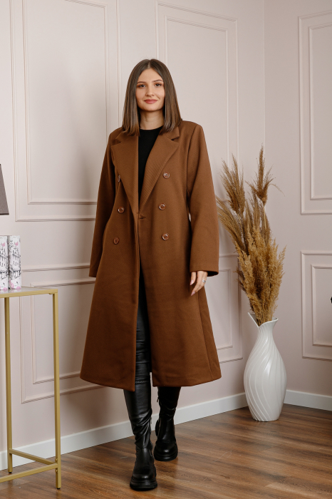 Palton lung dama elegant cu nasturi decorativi - Maro [4]
