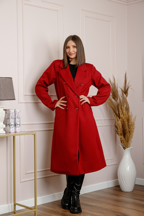 Palton lung dama elegant cu nasturi decorativi - Grena [3]