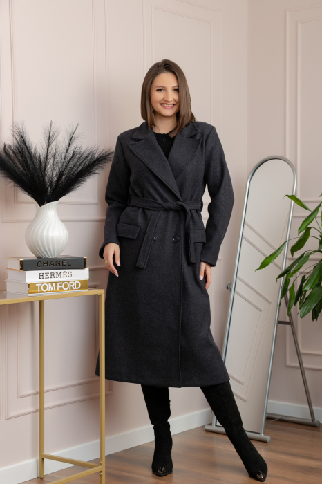 Palton lung elegant Erika cu cordon si buzunare - Bleumarin [3]