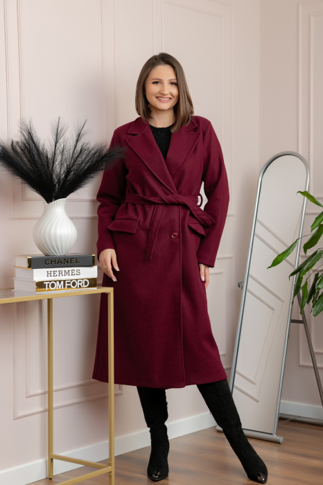 Palton lung elegant Erika cu cordon si buzunare - Grena [3]