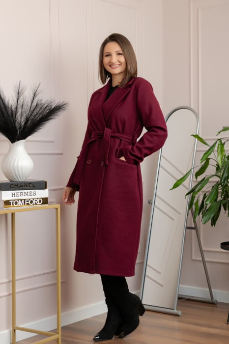 Palton lung elegant Erika cu cordon si buzunare - Grena [1]