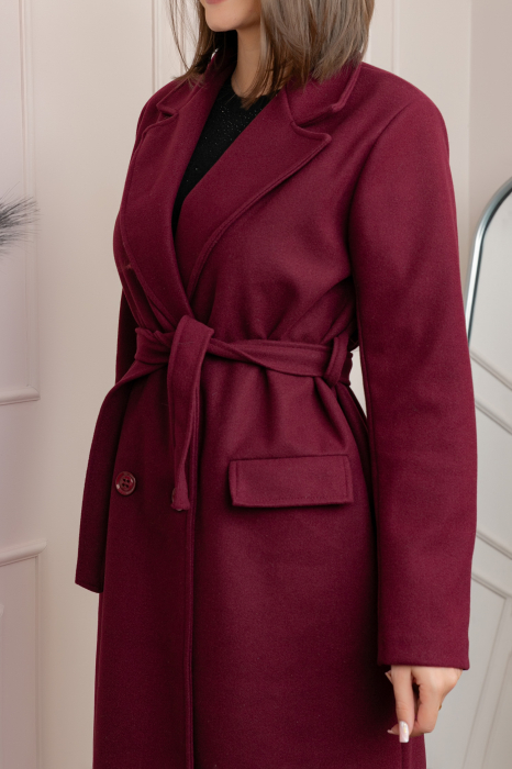 Palton lung elegant Erika cu cordon si buzunare - Grena [2]