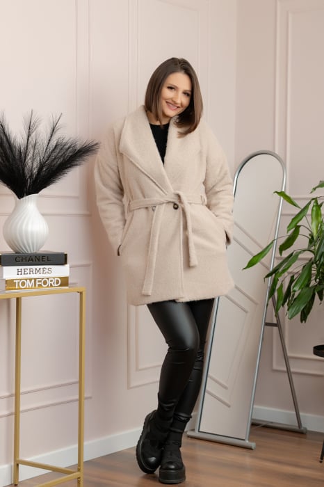 Palton scurt din stofa boucle cu cordon Danielle - Crem [4]