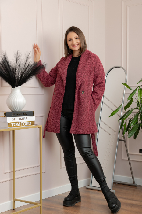 Palton scurt din stofa boucle cu cordon Danielle - Grena