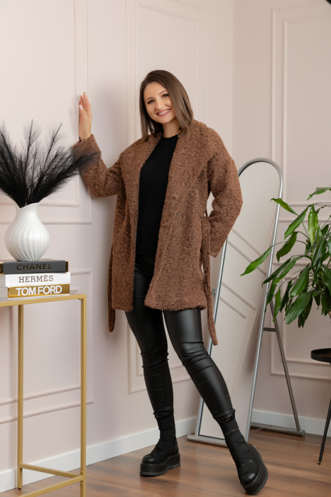 Palton scurt din stofa boucle cu cordon Danielle - Maro [1]