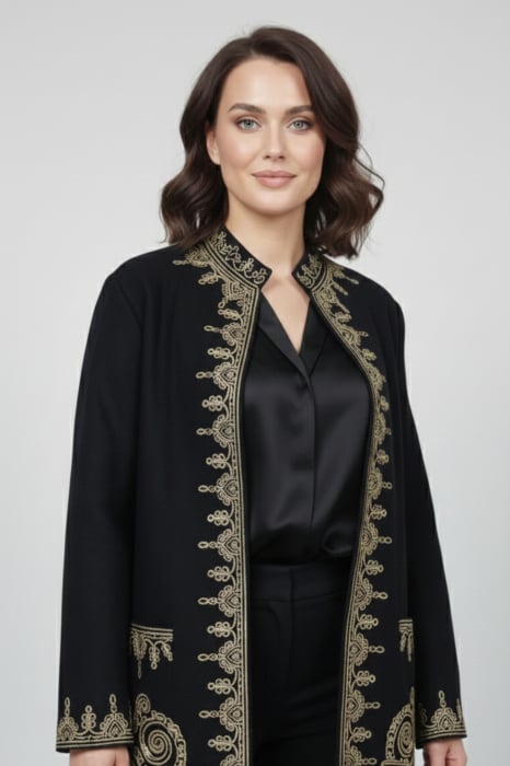 Palton traditional negru cu broderie florala crem Carmen 02