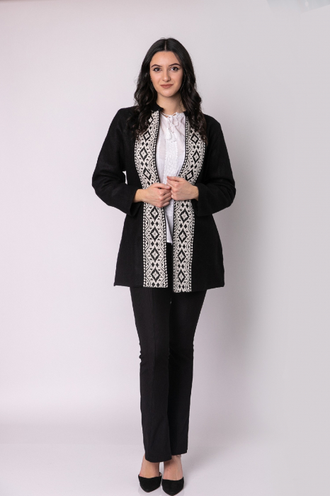 Palton traditional negru cu broderie geometrica alba Otilia [3]