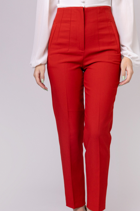 Pantaloni caramizii cu talie inalta si cusaturi decorative [3]
