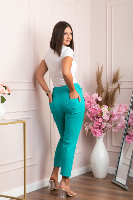 Pantaloni conici Tessa din bumbac cu snur in talie - Turcoaz [3]