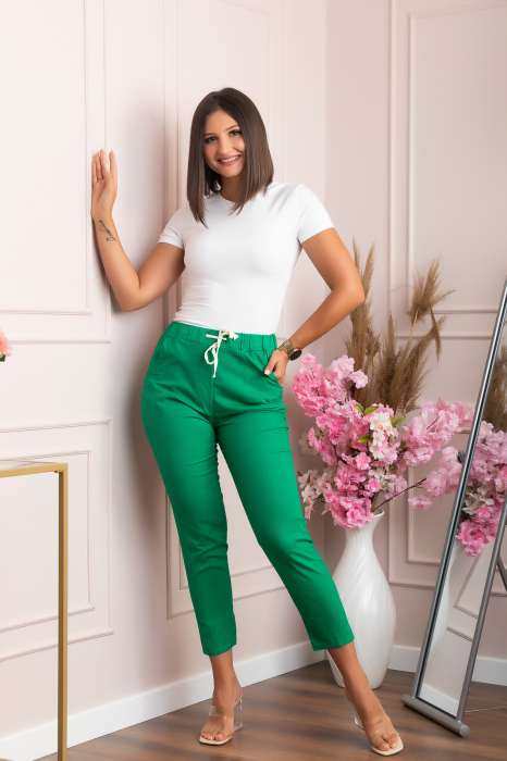 Pantaloni conici Tessa din bumbac cu snur in talie - Verde smarald [4]