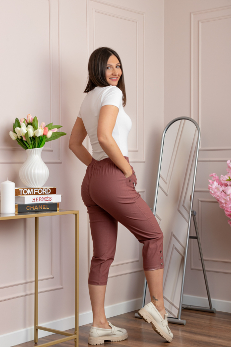 Pantaloni dama 3/4 Jenny roz marsala cu talie elastica si fermoare decorative [3]