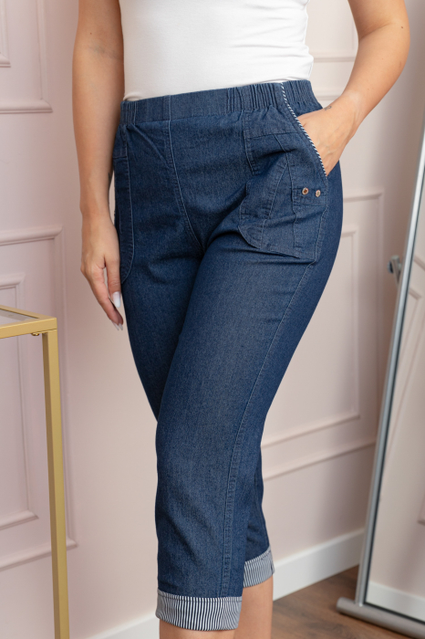 Pantaloni dama 3/4 Patty albastri tip denim cu manseta reglabila si talie elastica [2]