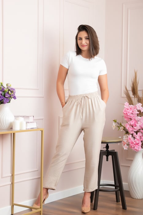Pantaloni dama casual Miranda cu snur in talie - Crem [3]
