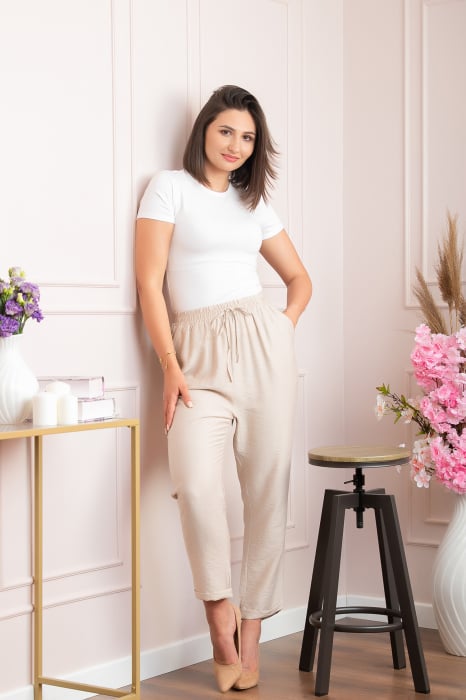 Pantaloni dama casual Miranda cu snur in talie - Crem [4]