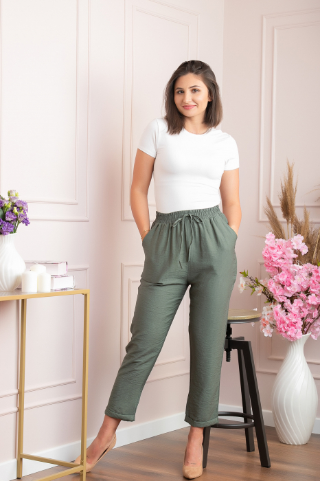 Pantaloni dama casual Miranda cu snur in talie - Kaki [3]