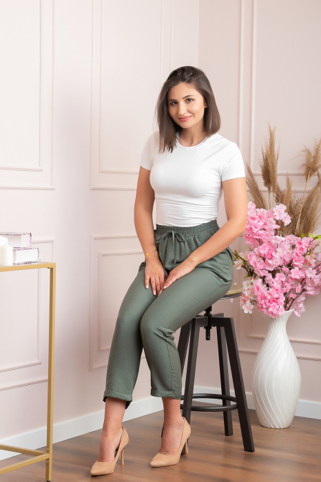 Pantaloni dama casual Miranda cu snur in talie - Kaki