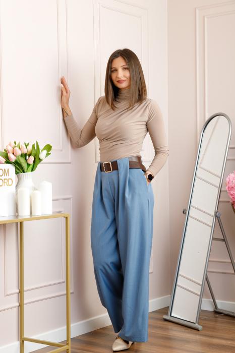 Pantaloni dama Judith bleu cu croi larg si talie inalta cu curea [4]