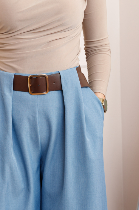 Pantaloni dama Judith bleu cu croi larg si talie inalta cu curea [2]