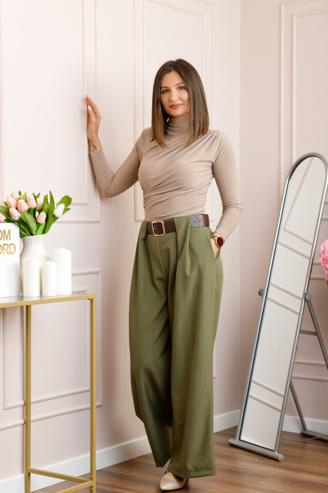 Pantaloni dama Judith kaki cu croi larg si talie inalta cu curea [4]