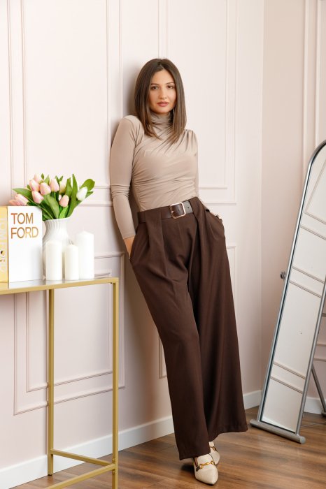 Pantaloni dama Judith maro cu croi larg si talie inalta cu curea [3]