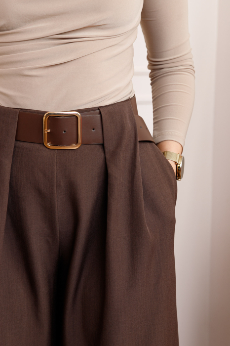 Pantaloni dama Judith maro cu croi larg si talie inalta cu curea [2]