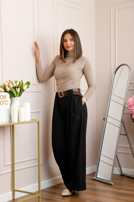 Pantaloni dama Judith negri cu croi larg si talie inalta cu curea [4]