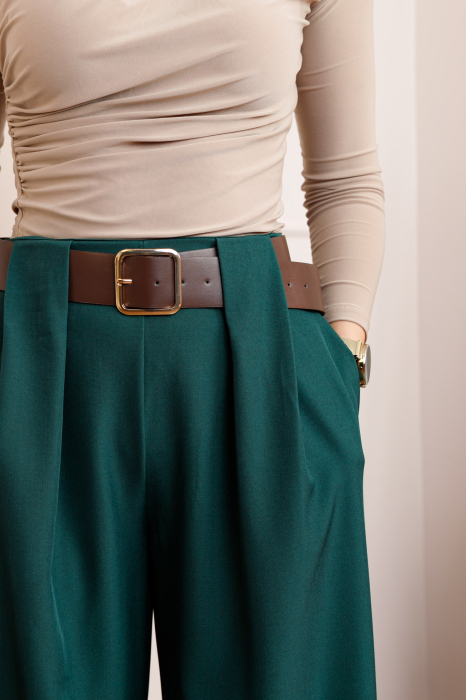 Pantaloni dama Judith verzi cu croi larg si talie inalta cu curea [2]