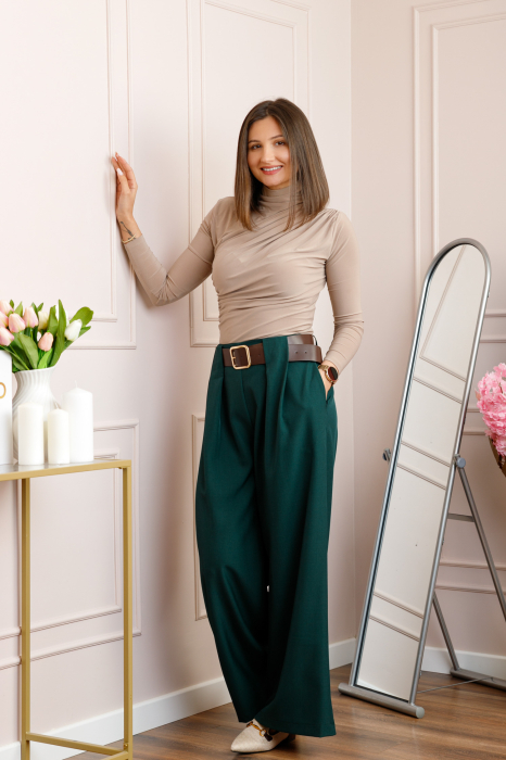 Pantaloni dama Judith verzi cu croi larg si talie inalta cu curea [4]