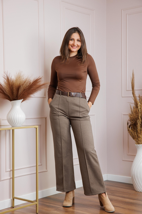 Pantaloni dama maro taupe cu talie inalta si curea Rita