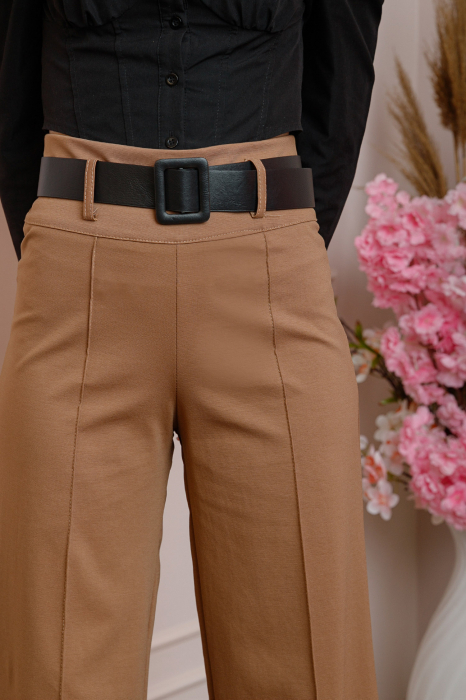 Pantaloni evazati Ophelia cu talie inalta si curea - Camel [2]