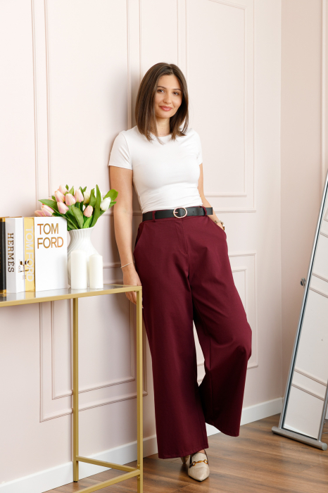 Pantaloni grena evazati cu talie elastica la spate si curea reglabila Molly [3]