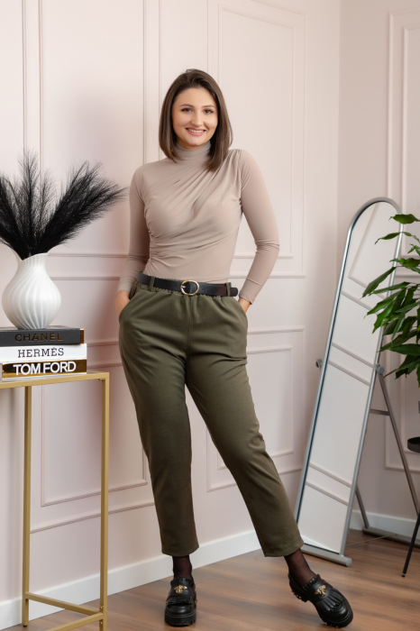 Pantaloni grosi Nancy cu curea reglabila si buzunare functionale - Kaki [4]