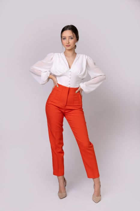 Pantaloni orange cu talie inalta si cusaturi decorative