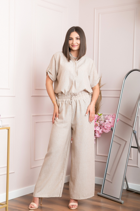 Pantaloni palazzo Athena cu talie elastica si insertii argintii - Bej [2]