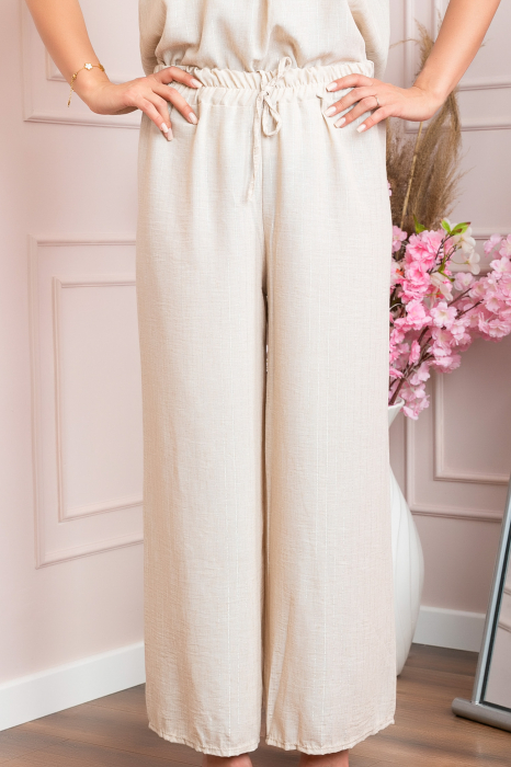 Pantaloni palazzo Athena cu talie elastica si insertii argintii - Ecru [4]