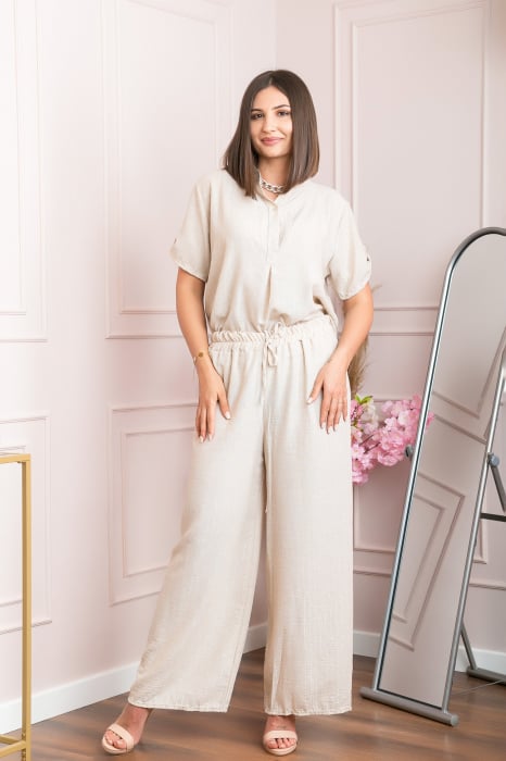 Pantaloni palazzo Athena cu talie elastica si insertii argintii - Ecru [2]