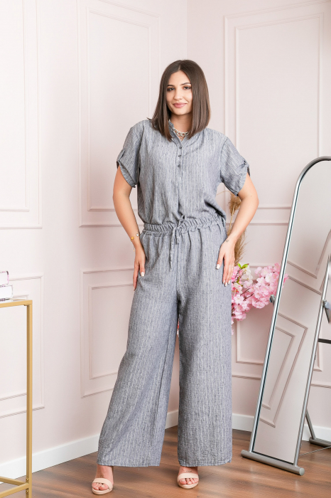Pantaloni palazzo Athena cu talie elastica si insertii argintii - Gri [2]