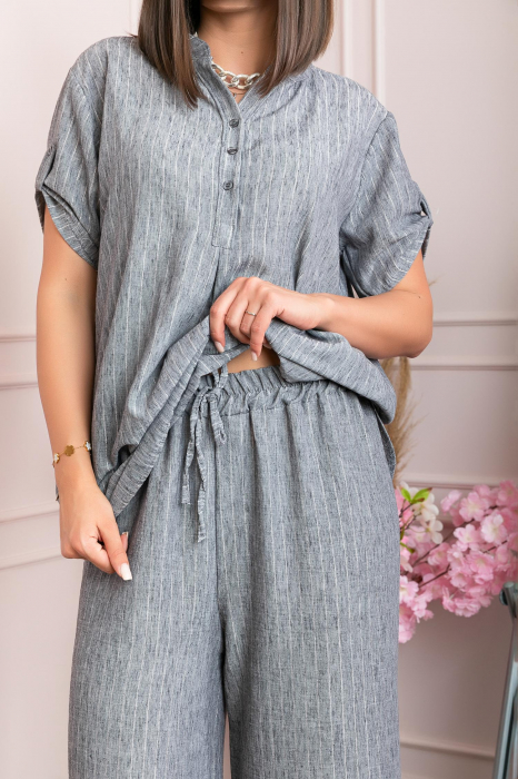 Pantaloni palazzo Athena cu talie elastica si insertii argintii - Gri [3]