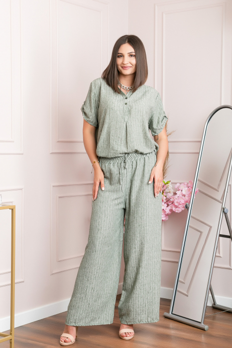 Pantaloni palazzo Athena cu talie elastica si insertii argintii - Kaki [2]