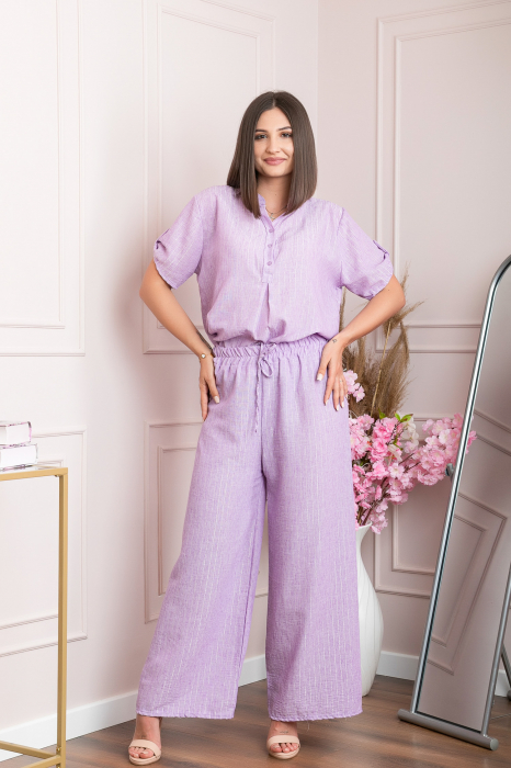 Pantaloni palazzo Athena cu talie elastica si insertii argintii - Lila [2]