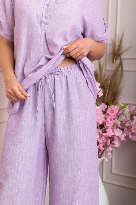 Pantaloni palazzo Athena cu talie elastica si insertii argintii - Lila [3]