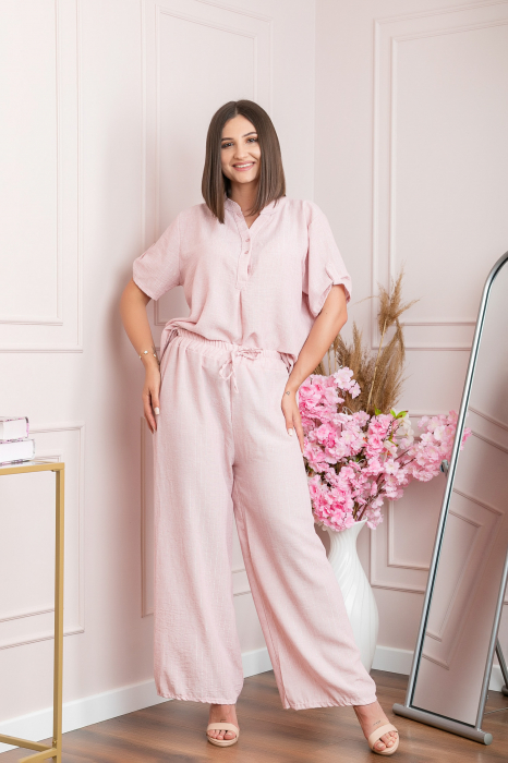 Pantaloni palazzo Athena cu talie elastica si insertii argintii - Roz pudrat [2]