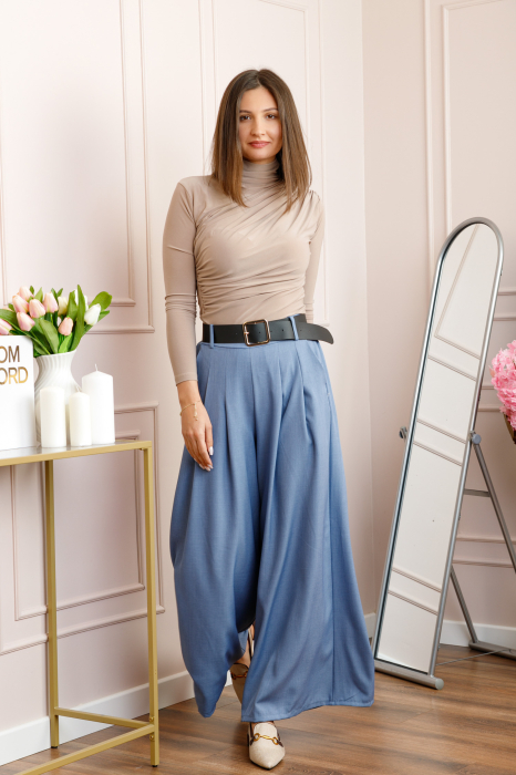 Pantaloni palazzo bleu cu talie elastica si curea reglabila Savannah [3]