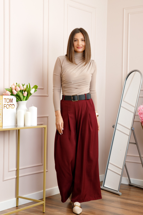 Pantaloni palazzo grena cu talie elastica si curea reglabila Savannah [3]