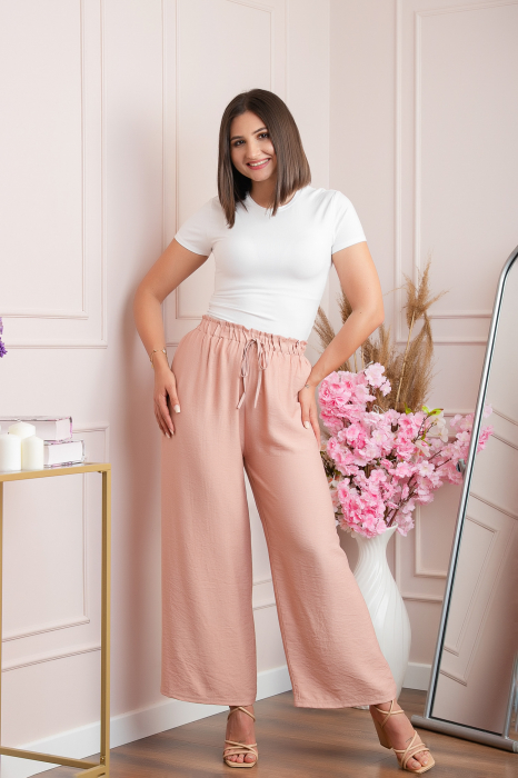 Pantaloni palazzo Nicole cu snur in talie - Roz pudrat